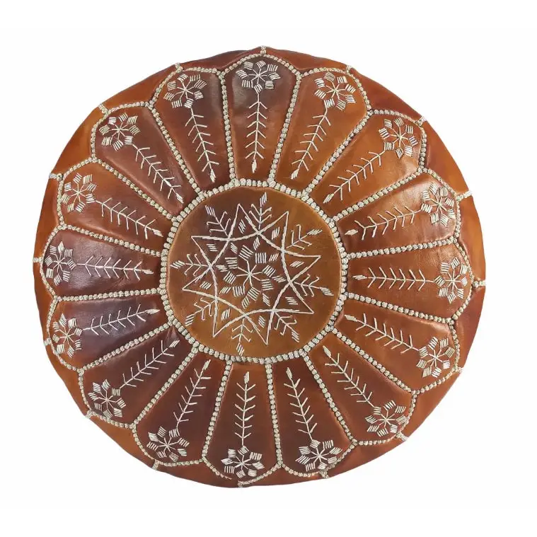 Moroccan Leather Ottoman - Arch Design - Brown Caramel