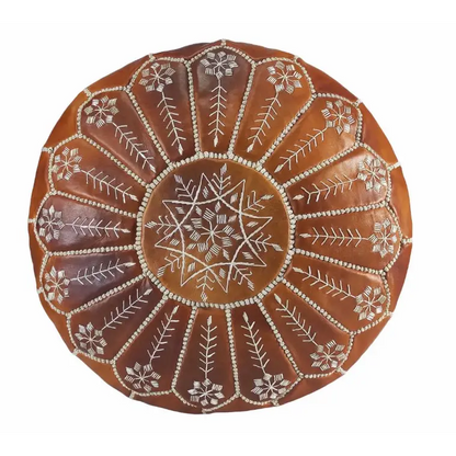 Moroccan Leather Ottoman - Arch Design - Brown Caramel