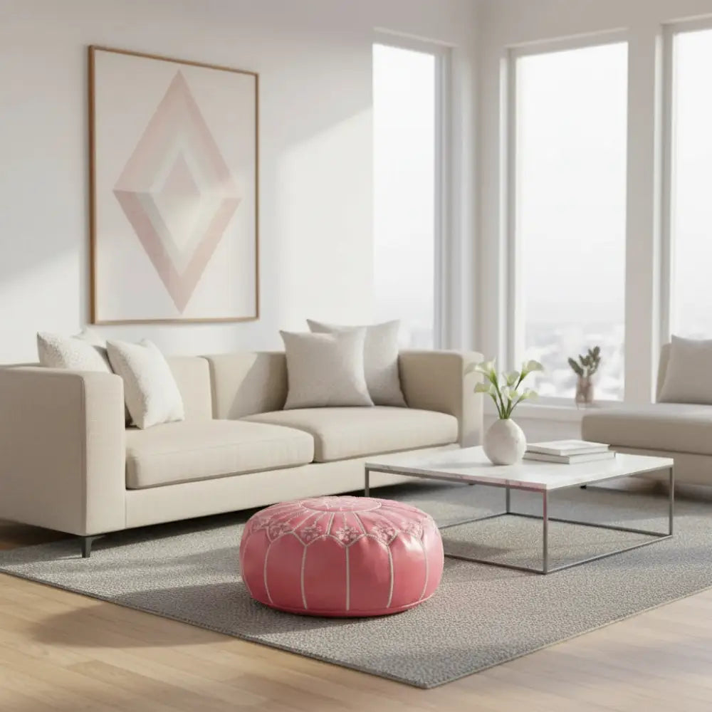 Moroccan Leather Ottoman - Arch Design - Pink