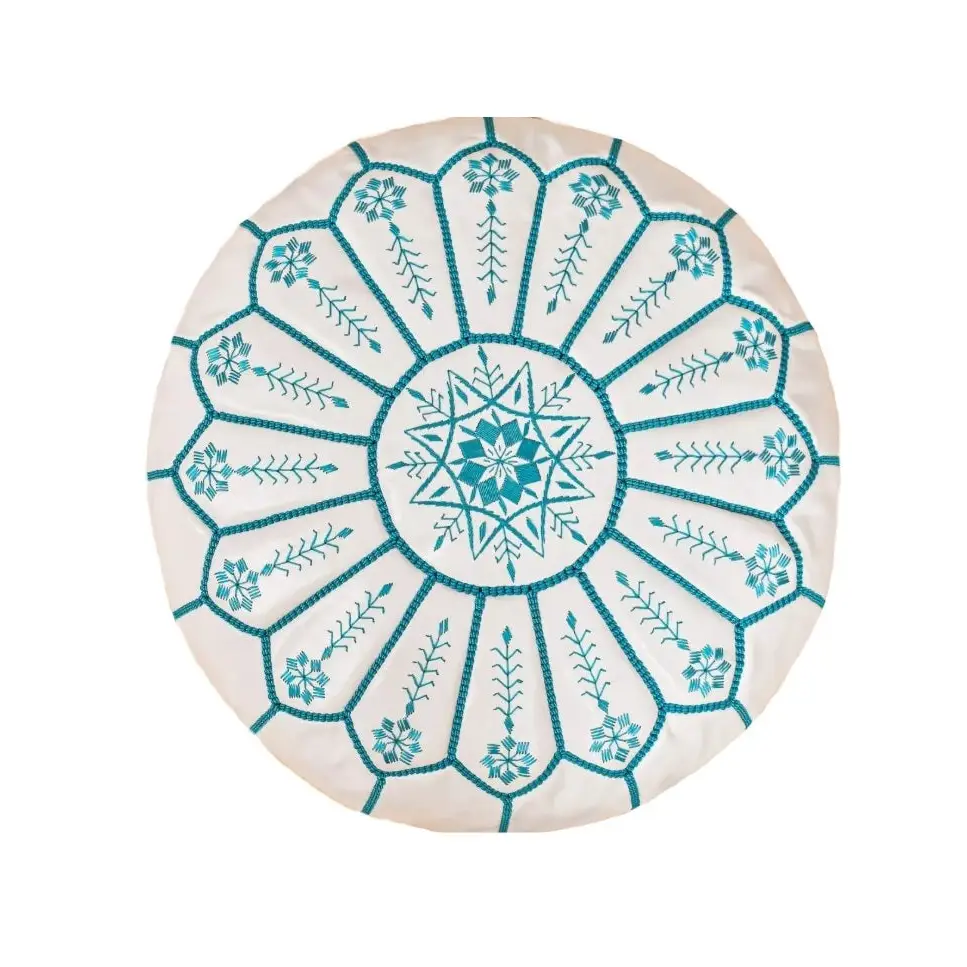 Moroccan Leather Ottoman - Arch Design - White with Turquoise Threads