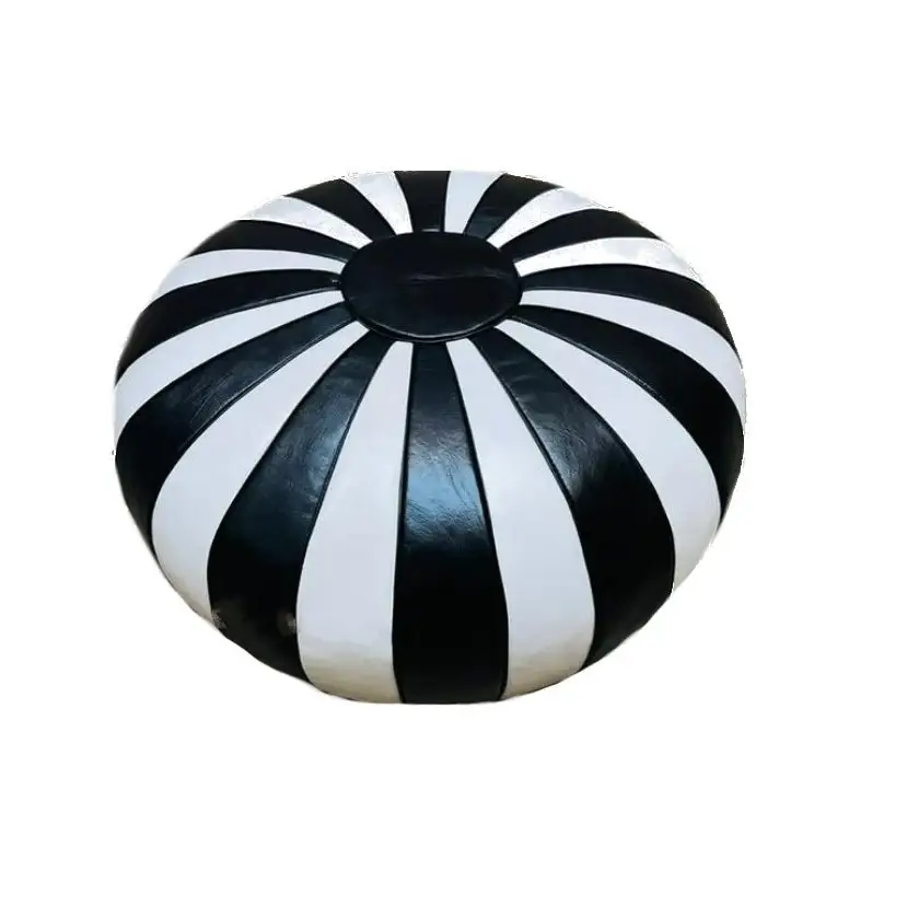 Moroccan Leather Ottoman - Pumpkin Design - Black and White