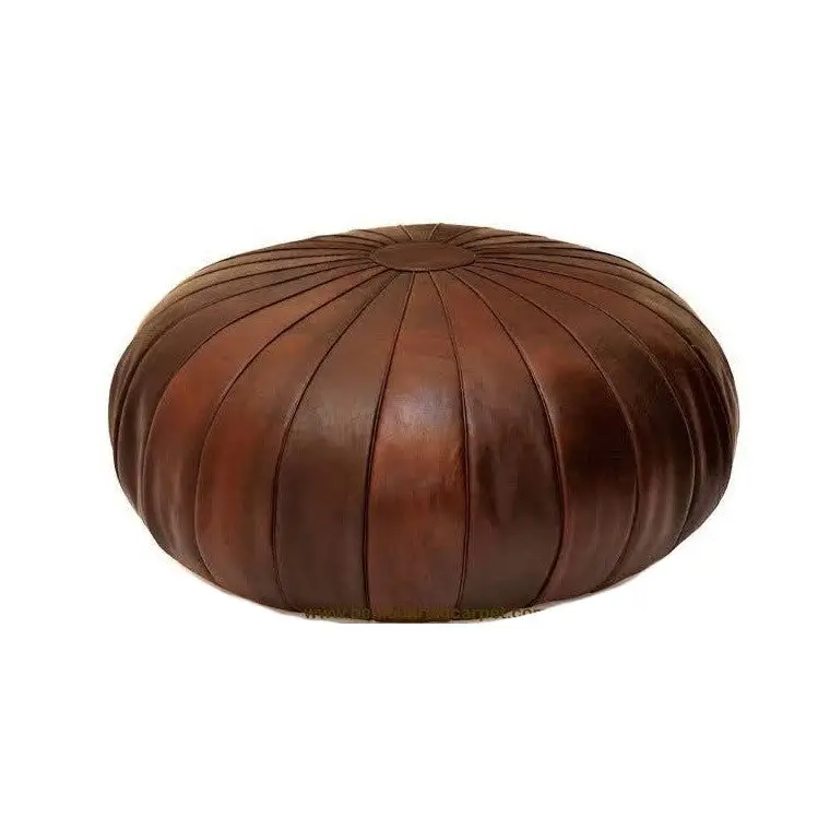Moroccan Leather Ottoman - Pumpkin Design - Brown