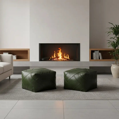 Olive Green Zellige Mosaic Ottoman Pair - Fireplace Setting