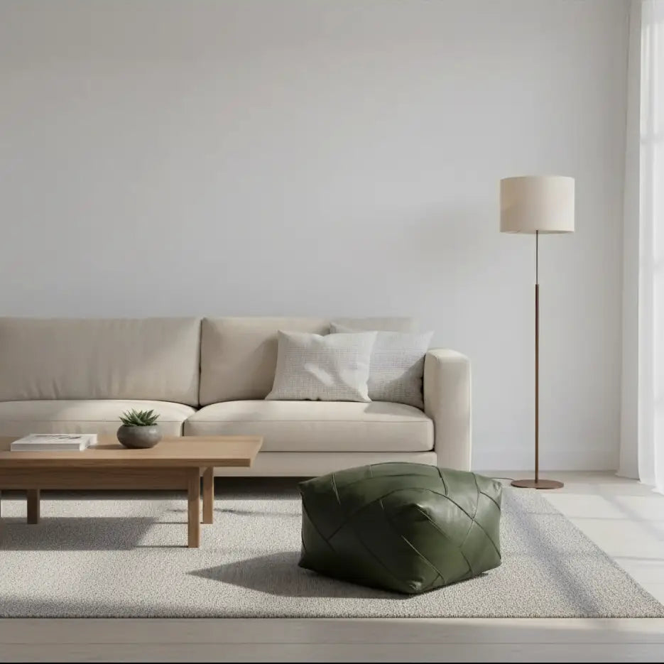 Olive Green Zellige Mosaic Ottoman - Minimalist Living Room Banner