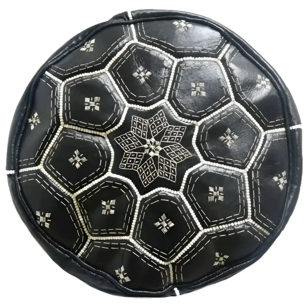 Moroccan Leather Tile Ottoman - Black
