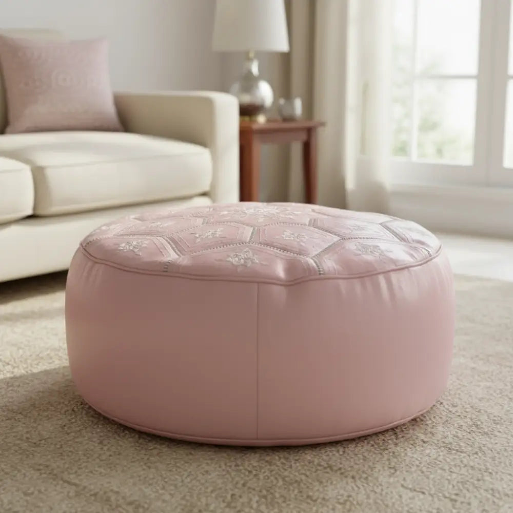 Moroccan Leather Tile Ottoman - Soft Pink