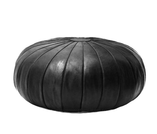 Moroccan Leather Ottoman - Pumpkin Design - Black