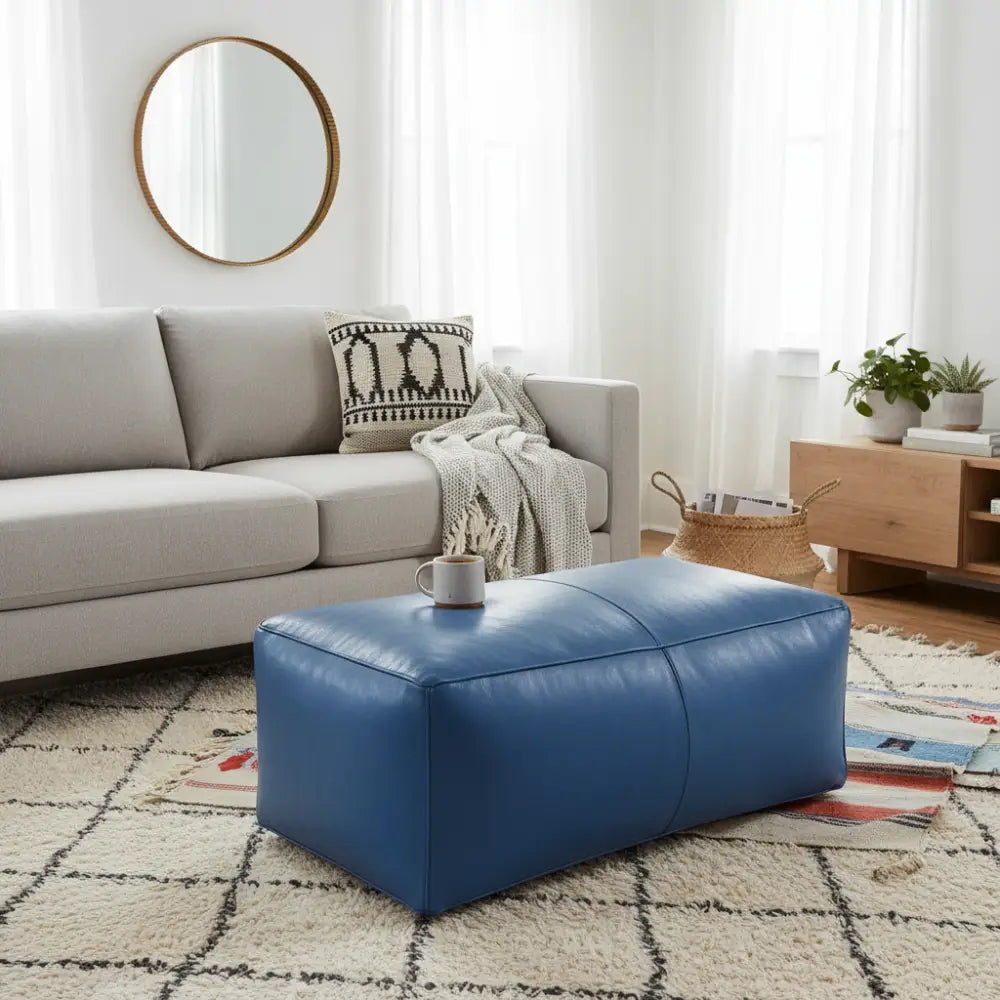 Universal Rectangular Leather Ottoman - Blue