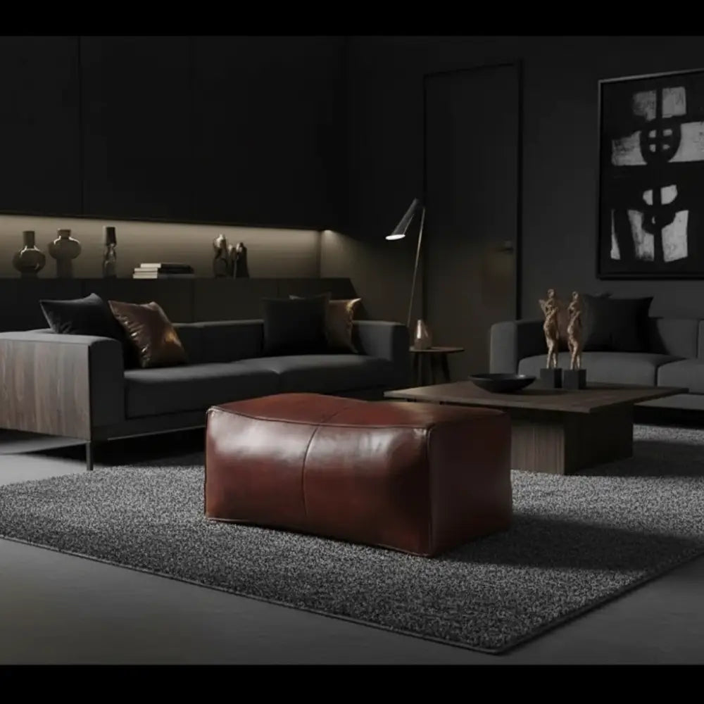 Brown Rectangular Ottoman with Genuine Leather Texture