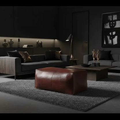 Brown Rectangular Ottoman with Genuine Leather Texture