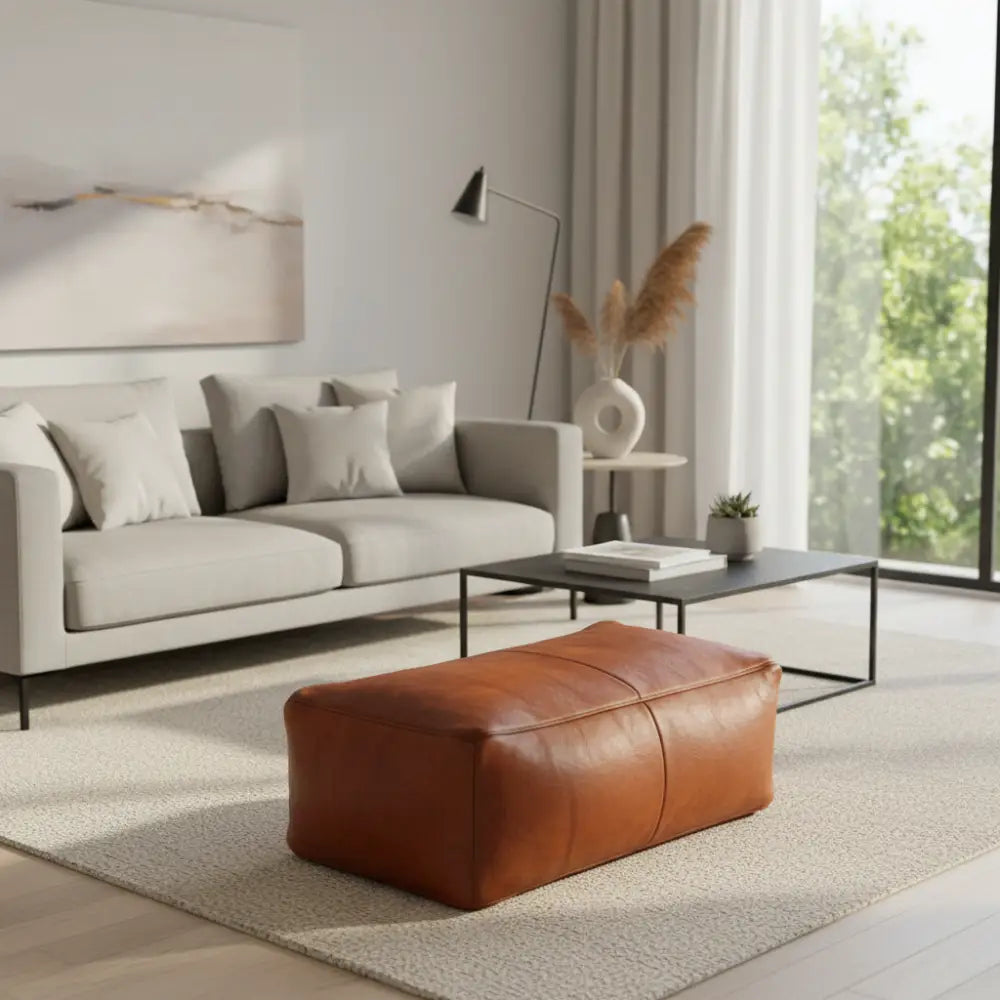 Rectangular Caramel Ottoman in Modern Living Room