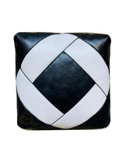 Dual Color Moroccan Leather Ottoman - ZigZag Design - Black and White