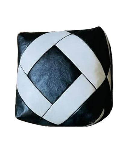 Dual Color Moroccan Leather Ottoman - ZigZag Design - Black and White