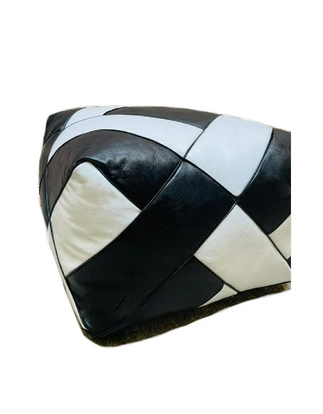 Dual Color Moroccan Leather Ottoman - ZigZag Design - Black and White